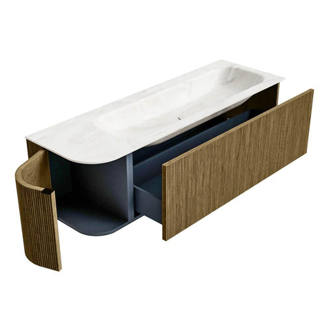Mondiaz KURVE-DLUX Badkamermeubelset - 145x46x40cm - 1 lade - 1 deur - wastafel solid surface - rechts - 1 kraangat - Dusk SW1415166