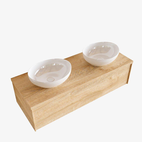 ENSEMBLE DE MEUBLE MONDIAZ LUSH - 120cm - 1 tiroir - lavabo BARCO - 2 lavabos - 2 trous de robinet - chêne blanchi SW409585