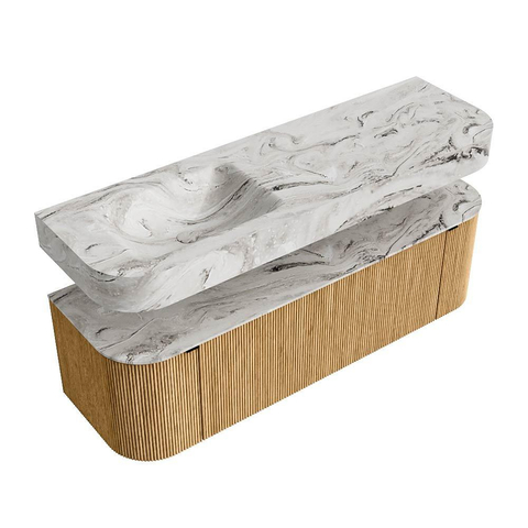 MONDIAZ THOR-DLUX 150cm badmeubel ronding links + rechts kleur Oak met 1 lade en 2 deuren. Vrijhangende wastafel CLOUD Links zonder kraangat kleur Glace. SW1464649