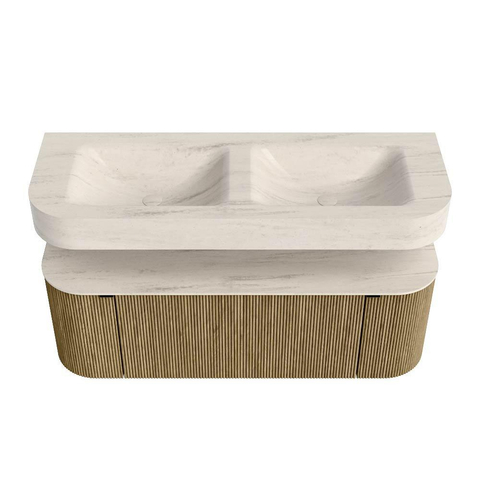 MONDIAZ THOR-DLUX 130cm meuble de salle de bains arrondi gauche + droite couleur Dusk avec 1 tiroir et 2 portes. Vasque suspendue CLOUD Double sans trou de robinet couleur Meli. SW1463860