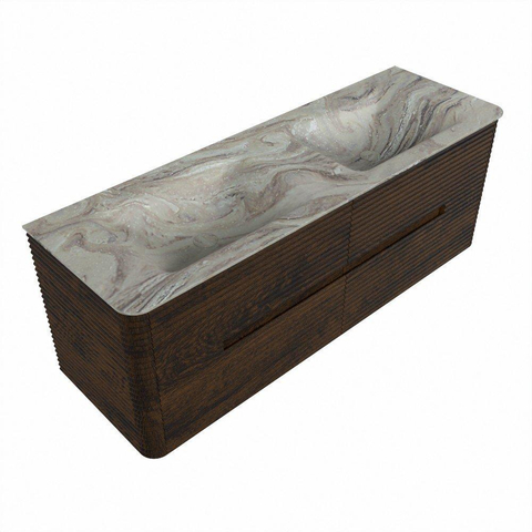 Mondiaz CIRO-DLUX Badkamermeubelset - 140x45x50cm - Solid surface wastafel Glace - 2 wasbak Dubbel - zonder kraangaten - 4 lades - Walnut SW1530268