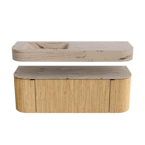 MONDIAZ THOR-DLUX 130cm meuble de salle de bains arrondi gauche + droite couleur Oak avec 1 tiroir et 2 portes. Vasque suspendue CLOUD Gauche sans trou de robinet couleur Arena. SW1463789
