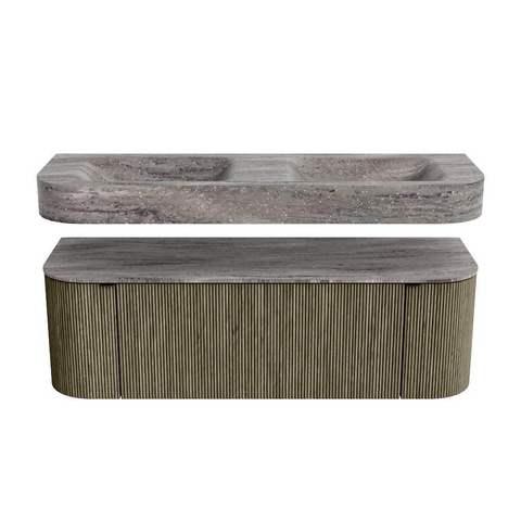MONDIAZ THOR-DLUX 140cm meuble de salle de bains arrondi gauche + droite couleur Shadow avec 1 tiroir et 2 portes. Vasque suspendue CLOUD Double 2 trous de robinet couleur Oza. SW1464293