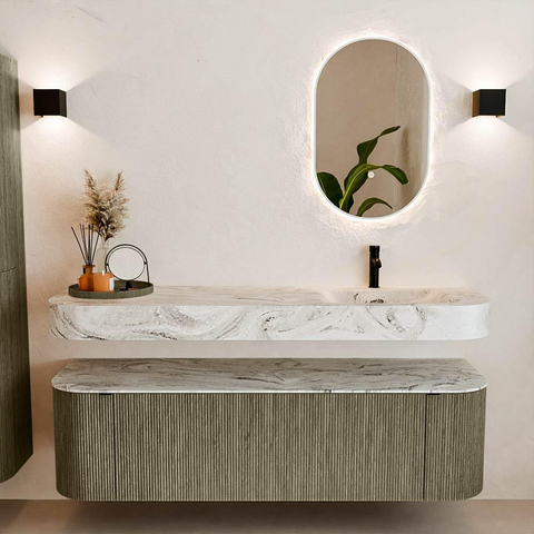 MONDIAZ THOR-DLUX Meuble de salle de bains 160cm arrondi gauche + droite couleur Shadow avec 1 tiroir et 2 portes. Vasque suspendue CLOUD Droite 1 trou de robinet couleur Glace. SW1467681