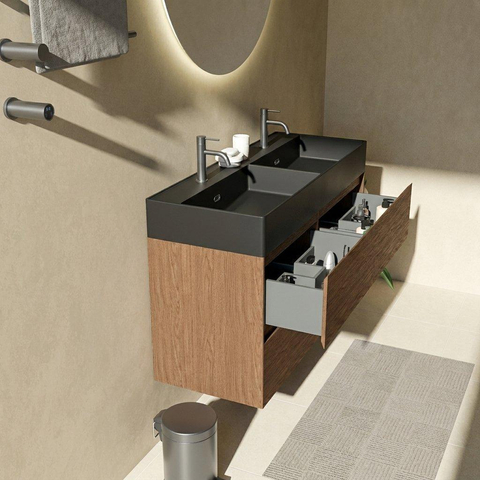 Saniclass Holz Pure Badkamermeubelset - 120x45x72cm - Legend keramische wastafel mat zwart - 2 wasbakken - 2 kraangaten - 4 lades - mat walnut pure (hout) SW1580194