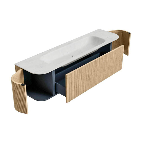 MONDIAZ KURVE-DLUX meuble de salle de bains 170 cm avec module 25 Len R couleur Chêne avec 1 tiroir et 2 portes. Lavabo BIG LARGE central 1 trou de robinet couleur Opalo. SW1137591