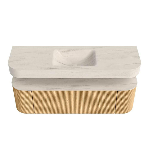 MONDIAZ THOR-DLUX 150cm meuble de salle de bains arrondi gauche + droite couleur Oak avec 1 tiroir et 2 portes. Vasque suspendue CLOUD Milieu 1 trou de robinet couleur Meli. SW1464782