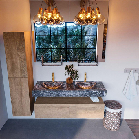 Mondiaz ALAN-DLUX Ensemble de meuble - 130cm - meuble Washed Oak mat - 2 tiroirs - Lavabo Cloud Lava suspendu - vasque Gauche et droite - 2 trous de robinet SW808856