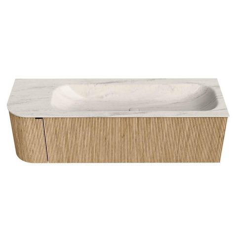 MONDIAZ KURVE-DLUX 145cm meuble de salle de bains arrondi gauche couleur Oak avec 1 tiroir et 1 porte. Lavabo BIG LARGE droit sans trou de robinet Meli. SW1431614