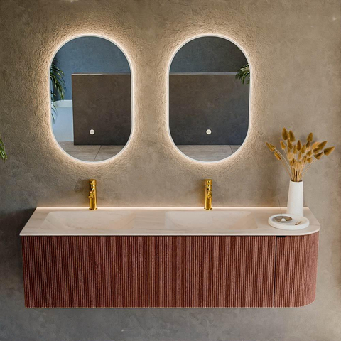 MONDIAZ KURVE-DLUX 155cm meuble de salle de bains arrondi Droit couleur Ruby avec 2 tiroirs et 1 porte. Lavabo LEAF Double / Gauche 2 trous de robinet Meli. SW1432006