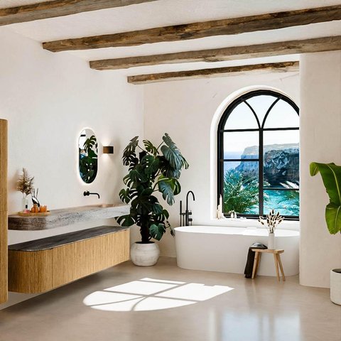 MONDIAZ THOR-DLUX 200cm badmeubel ronding links + rechts kleur Oak met 2 lades en 2 deuren. Vrijhangende wastafel CLOUD Rechts zonder kraangat kleur Oza. SW1467177