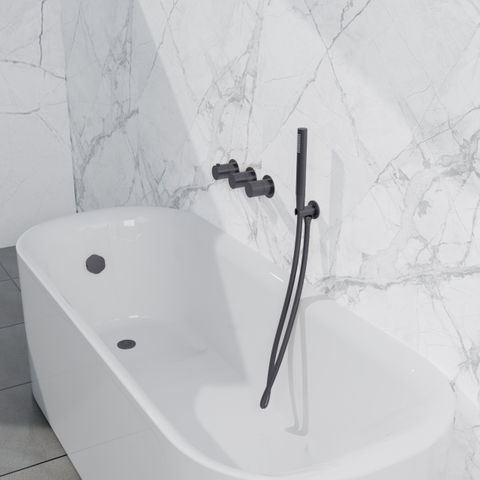 Fortifura Nebbio Ensemble combiné bain - mitigeur thermostatique - coude mural avec support de douchette - flexible de douche métallique - barre de douchette - Remplissage-vidage de baignoire - PVD gunmetal brossé SW1238039