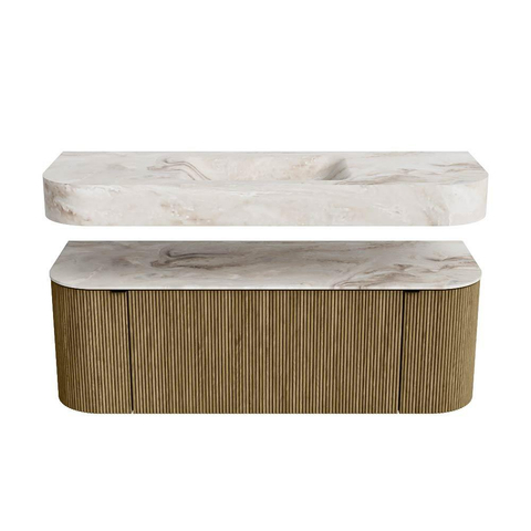 MONDIAZ THOR-DLUX 130cm meuble de salle de bains arrondi gauche + droite couleur Dusk avec 1 tiroir et 2 portes. Vasque suspendue CLOUD Centre sans trou de robinet couleur Frappe. SW1463666