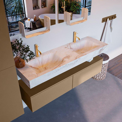 Mondiaz ALAN-DLUX Ensemble de meuble - 150cm - meuble Oro mat - 2 tiroirs - Lavabo Cloud Frappe suspendu - vasque Gauche et droite - 2 trous de robinet SW805019