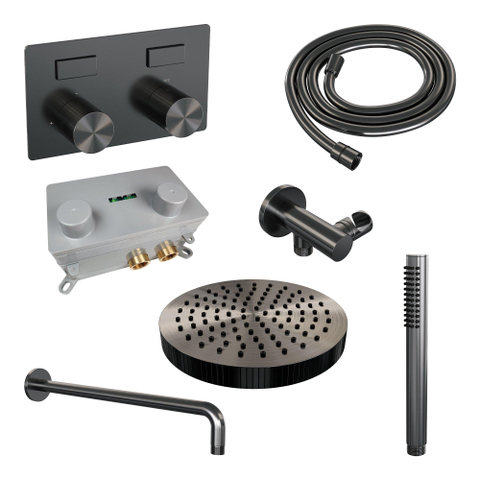 BRAUER Stripe Douche de tête thermostatique encastrée - boutons-poussoirs - SET 26 - pomme de douche 25 cm - bras mural courbé - douchette à main barre - flexible de douche - coude de raccord mural - gunmetal brossé PVD SW1435007