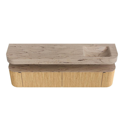 MONDIAZ THOR-DLUX 200cm meuble de salle de bains arrondi gauche + droite couleur Chêne avec 2 tiroirs et 2 portes. Vasque suspendue CLOUD Droite sans trou de robinet couleur Arena. SW1467059