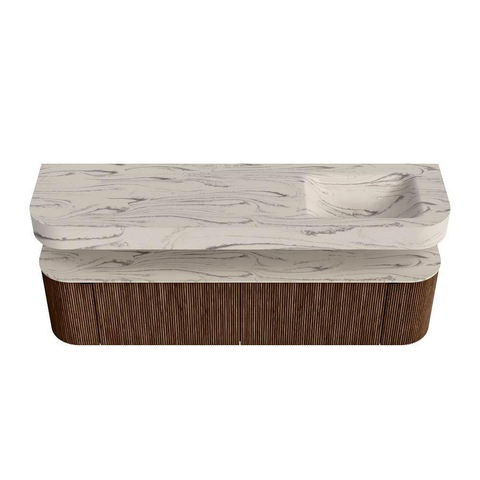 MONDIAZ THOR-DLUX 180cm meuble de salle de bains arrondi gauche + droite couleur Walnut avec 2 tiroirs et 2 portes. Vasque suspendue CLOUD Droite sans trou de robinet couleur Nata. SW1466193