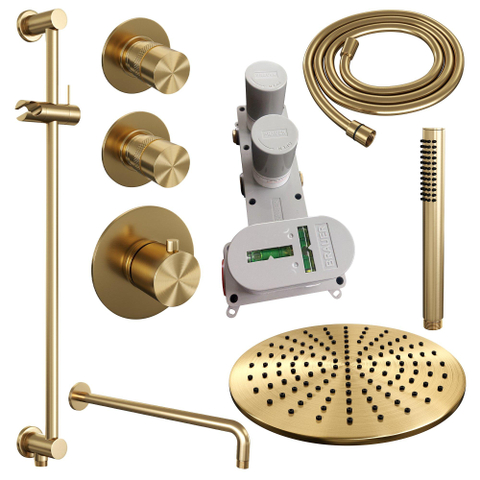 Brauer Gold Edition Ensemble de douche pluie encastré - douche principale 30cm - bras mural - glissière - avec partie encastrable - boutons lisses - douchette à main Barre 1 fonction - PVD - or brossé SW547673