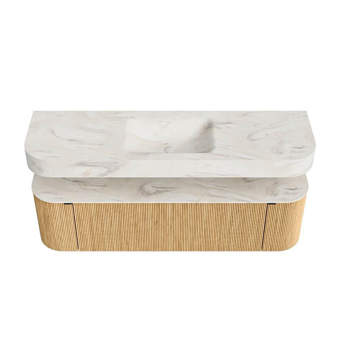 MONDIAZ THOR-DLUX 160cm badmeubel ronding links + rechts kleur Oak met 1 lade en 2 deuren. Vrijhangende wastafel CLOUD Midden 1 kraangat kleur Ostra. SW1464964