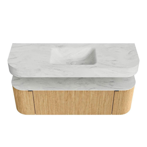MONDIAZ THOR-DLUX 140cm badmeubel ronding links + rechts kleur Oak met 1 lade en 2 deuren. Vrijhangende wastafel CLOUD Midden zonder kraangat kleur Opalo. SW1463931