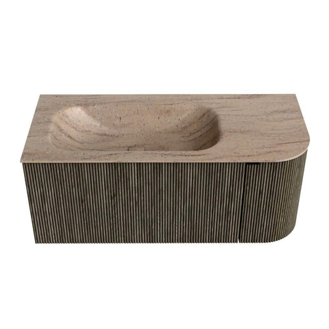 MONDIAZ KURVE-DLUX Meuble de salle de bains 105cm arrondi à droite couleur Shadow avec 1 tiroir et 1 porte. Lavabo BIG SMALL à gauche sans trou de robinetterie Saba. SW1433416