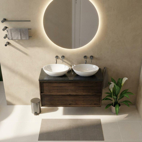 Saniclass Holz Frame Badkamermeubelset - 120x45x63cm - Noche basalten wastafel gepolijst - 1 wasbak - zonder kraangat - 2 lades - mat eiken charcoal (hout) SW1579911