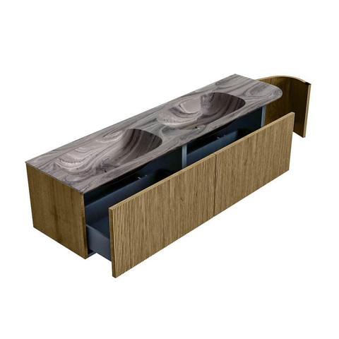 MONDIAZ KURVE-DLUX Meuble de salle de bains 175 cm arrondi à droite couleur Dusk avec 2 tiroirs et 1 porte. Lavabo STOR SMALL Double / gauche 2 trous de robinet Sombra. SW1433912