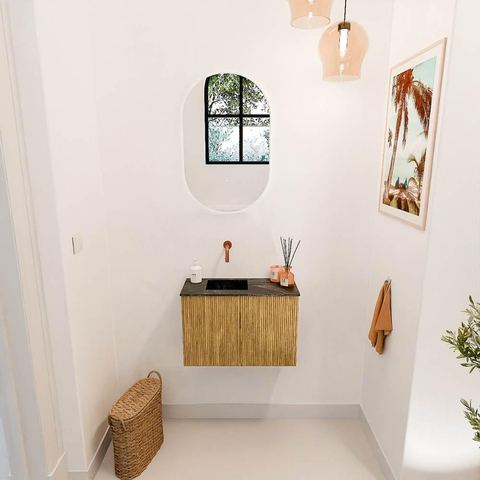 Mondiaz JOYA-DLUX 60cm toiletmeubel - kleur Oak - Wastafel FAYE positie Links Zonder kraangat kleur Lava. SW1422031