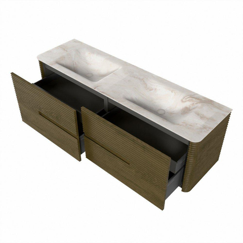 Mondiaz CIRO-DLUX Badkamermeubelset - 160x45x50cm - Solid surface wastafel Frappe - 2 wasbak Dubbel - 2 kraangaten - 4 lades - Dusk SW1532836
