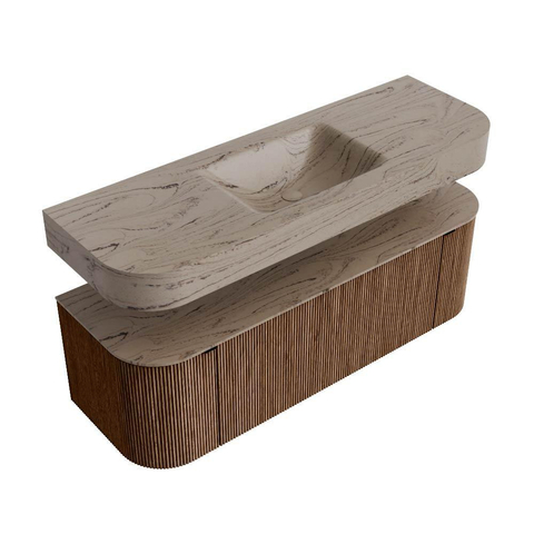 MONDIAZ THOR-DLUX 140cm badmeubel ronding links + rechts kleur Walnut met 1 lade en 2 deuren. Vrijhangende wastafel CLOUD Midden 1 kraangat kleur Arena. SW1464497