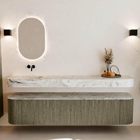 MONDIAZ THOR-DLUX 200cm meuble de salle de bains arrondi gauche + droite couleur Shadow avec 2 tiroirs et 2 portes. Vasque suspendue CLOUD Gauche sans trou de robinet couleur Glace. SW1467021