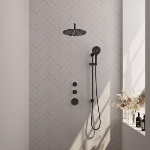 Brauer Black Carving Ensemble de douche de tête encastré - douche de tête 30cm - bras mural - barre de douche - avec corps encastré - 3 boutons Carving - douchette ronde 1 jet - noir mat SW716199