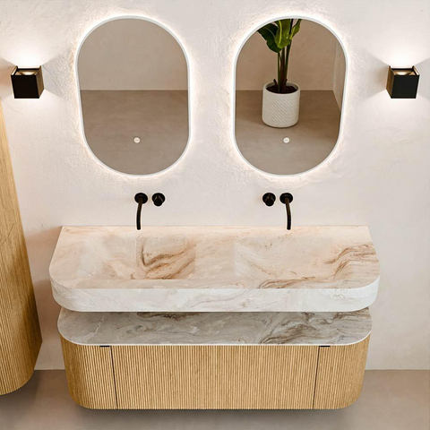 MONDIAZ THOR-DLUX Meuble de salle de bains - 140cm - arrondi gauche + droite - couleur Oak - 1 tiroir et 2 portes - Vasque suspendue CLOUD Double sans trou de robinet - couleur Frappe SW1463914