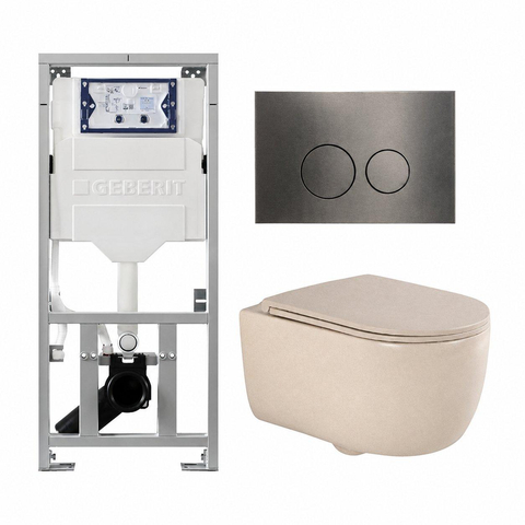 QeramiQ Dely Swirl Toiletset - 36.3x51.7cm - Geberit UP320 inbouwreservoir - met Burda frame - slim zitting - gunmetal bedieningsplaat - ronde knoppen - mat beige SW1130218