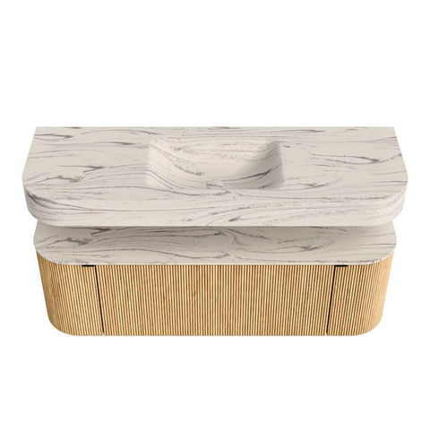 MONDIAZ THOR-DLUX 140cm badmeubel ronding links + rechts kleur Oak met 1 lade en 2 deuren. Vrijhangende wastafel CLOUD Midden zonder kraangat kleur Nata. SW1464432