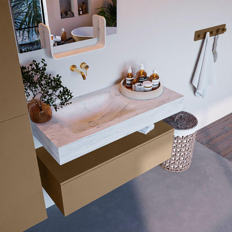 Mondiaz ALAN-DLUX Ensemble de meuble - 100cm - meuble Oro mat - 1 tiroir - Lavabo Cloud Opalo suspendu - vasque Gauche - 0 trous de robinet SW806877