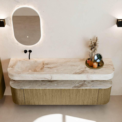 MONDIAZ THOR-DLUX 180cm meuble de salle de bains arrondi gauche + droite couleur Dusk avec 2 tiroirs et 2 portes. Vasque suspendue CLOUD Gauche sans trou de robinet couleur Frappe. SW1465961