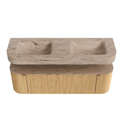 MONDIAZ THOR-DLUX 150cm badmeubel ronding links + rechts kleur Oak met 1 lade en 2 deuren. Vrijhangende wastafel CLOUD Dubbel zonder kraangat kleur Arena. SW1464726