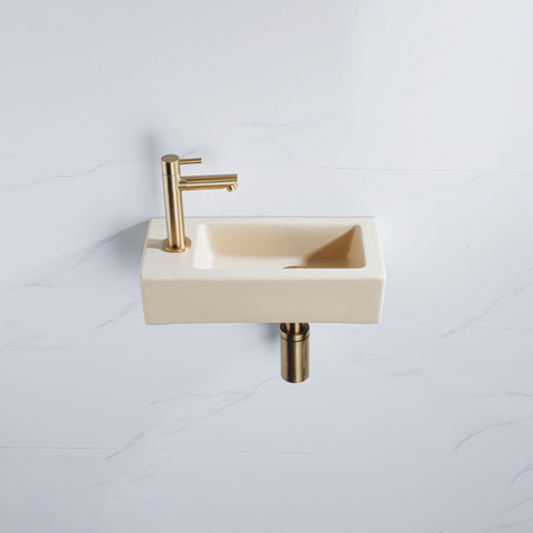 QeramiQ Fuente pack lave-mains – 37,5 x 18,5 x 9 cm – céramique beige – perçage à gauche – robinet doré brossé SW1232757