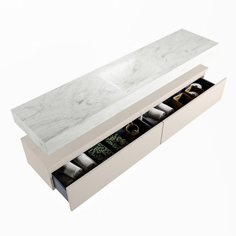 Mondiaz ALAN-DLUX Ensemble de meuble - 200cm - meuble Linen mat - 2 tiroirs - Lavabo Cloud Opalo suspendu - vasque Centre - 0 trous de robinet SW806411