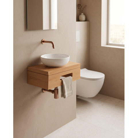 Royal Plaza Terra tablette pour lave-mains - 40x25x10 cm - avec porte-serviettes - vasque blanc brillant - robinet de lave-mains cuivre - bonde d’évacuation - siphon - sandwood (chêne clair) SW1577147