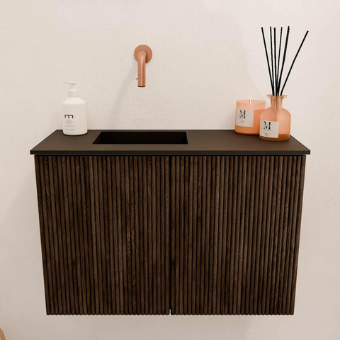 Mondiaz JOYA 60cm meuble de salle de bains - couleur Walnut - Vasque FAYE position Gauche Sans trou de robinet couleur Urban. SW1421329