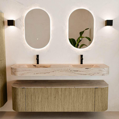 MONDIAZ THOR-DLUX 160cm meuble de salle de bains arrondi gauche + droite couleur Dusk avec 1 tiroir et 2 portes. Vasque suspendue CLOUD Double 2 trous de robinet couleur Arena. SW1465139