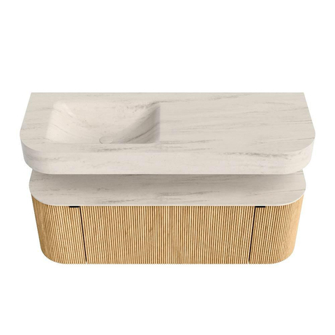 MONDIAZ THOR-DLUX 130cm meuble de salle de bains arrondi gauche + droite couleur Oak avec 1 tiroir et 2 portes. Vasque suspendue CLOUD gauche 1 trou de robinet couleur Meli. SW1463793