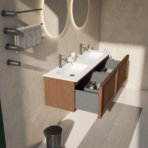 Saniclass Holz Frame Badkamermeubelset - 140x45x41.5cm - Flow solid surface wastafel wit - 2 wasbakken - 2 kraangaten - 2 lades - mat walnut pure (hout) SW1478446