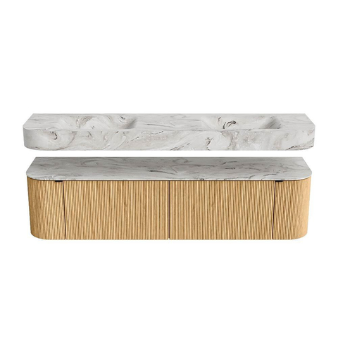 MONDIAZ THOR-DLUX 180cm meuble de salle de bains arrondi gauche + droite couleur Oak avec 2 tiroirs et 2 portes. Vasque suspendue CLOUD Double sans trou de robinet couleur Glace. SW1465886