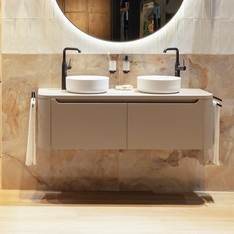 H&R Badmeubelen Juice Wastafelonderkast met topblad - 140x45x40cm - ronde hoeken - 2 lades - beige mat SW1212682