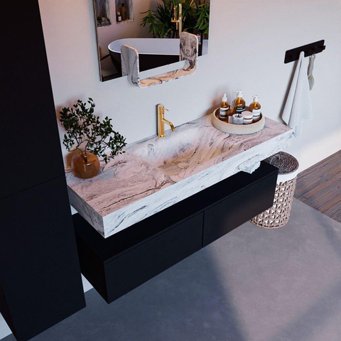Mondiaz ALAN-DLUX Ensemble de meuble - 130cm - meuble Urban mat - 2 tiroirs - Lavabo Cloud Glace suspendu - vasque Centre - 1 trou de robinet SW805716