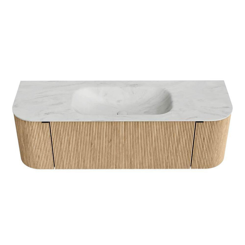 MONDIAZ KURVE-DLUX 140cm badmeubel met module 25 Len R kleur Oak met 1 lade en 2 deuren. Wastafel BIG SMALL midden 1 kraangat kleur Opalo. SW1137559