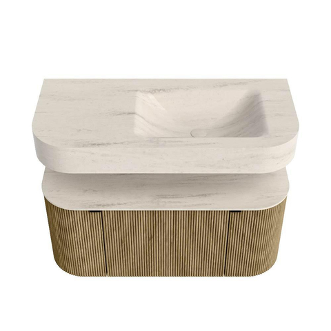 MONDIAZ THOR-DLUX 100cm meuble de salle de bains arrondi gauche + droite couleur Dusk avec 1 tiroir et 2 portes. Vasque suspendue CLOUD Droite 1 trou de robinet couleur Meli. SW1467485